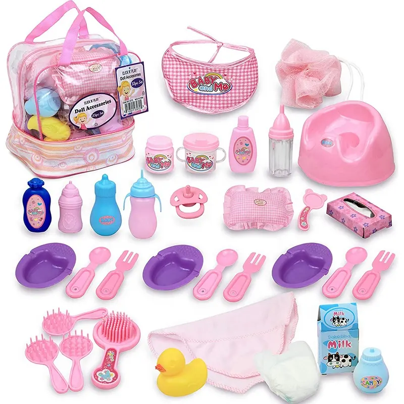 Ensemble d'accessoires de poupée 33 pièces, jouet comprenant des biberons de lait, de la nourriture, des couches et un pot de poupée