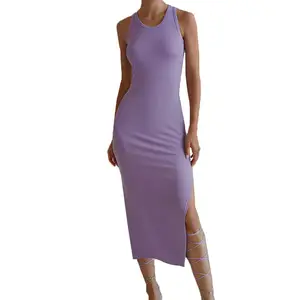 여름 새로운 숙녀 라운드 넥 민소매 사이드 슬릿 늑골이있는 저지 맥시 드레스 여성 간단한 섹시한 바디 이브닝 드레스