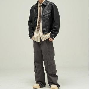 Veste en cuir PU noir rétro sur mesure, style streetwear, pour hommes, coupe ample, col à revers, veste décontractée, fabricant de vestes - Product Image 2