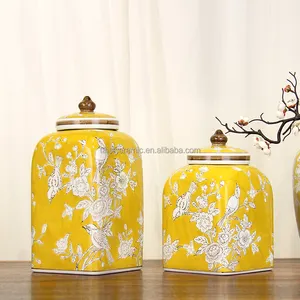 J251 antiguo retro porcelana china flor amarilla juegos de tarros cuadrados jarrón de cerámica para decoración del hogar