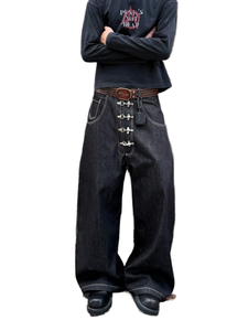 กางเกงยีนส์วินเทจ STARRYSKY รุ่น Selvedge แต่งขาด ดีไซน์ระบายอากาศ สไตล์ไฮสตรีท สำหรับฤดูร้อน เอวกลาง ทรงเข้ารูป ขาบาน แต่งกระดุมด้านหน้า - Product Image 1