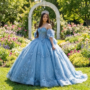 Robe de Quinceañera de luxe Lsbb61 bleu poussière, avec appliques florales perlées, en tulle scintillant, coupe princesse, Jancember - Product Image 1