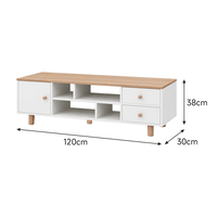 Meuble TV contemporain avec plateau en bois et rangement dissimulé