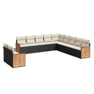 Ensemble de canapés de jardin modulaires en rotin PE noir, collection de meubles d'extérieur élégante, capacité de 10+ places, design avec panneaux en teck - Product Image 1