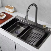 Évier de cuisine moderne noir cascade volante Évier de cuisine intelligent Organisateur de luxe Étagère de rangement pour évier Étagère de rangement pour vaisselle OEM en acier inoxydable