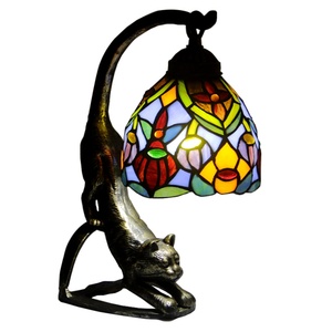 LongHuiJing High-End Cat <b>Base</b> Stained Glass Tiffany <b>Table</b> <b>Lamps</b> Mediterranean Style Bedroom Decor - Product Image 3