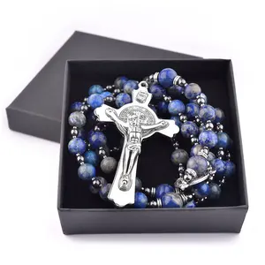 Lapis Lazuli 8mm Blaues Stein Perlen Kruzifix Halskette Heiliger Benedikt katholischer Mann-Rosenkranz mit Geschenkbox