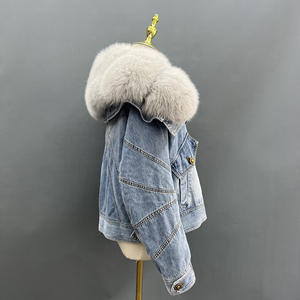 エレガントなビッグリアルフォックス毛皮襟ダウンコートフェザーライニングパーカデニム毛皮ジャケット - Product Image 2