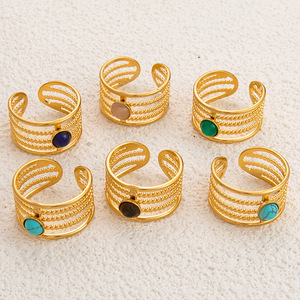 แหวนหินธรรมชาติสไตล์ยุโรปอเมริกัน ปรับขนาดได้ แหวนสแตนเลสทรงเรโทรทันสมัยสำหรับผู้หญิง เครื่องประดับสำหรับงานปาร์ตี้ - Product Image 1