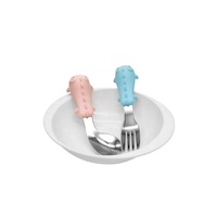 Ensemble cuillère et fourchette pour bébé en silicone et acier inoxydable sans BPA, à manche court, en forme d'animaux, pour enfants et tout-petits