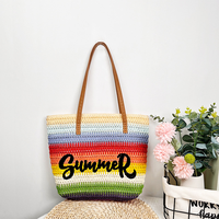 Sac fourre-tout en paille crochetée à rayures arc-en-ciel, broderie lettre, sac de plage à bandoulière grande capacité pour femme, cadeaux d'été