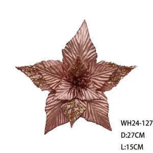 Customized 27cm Christmas Decoration Artificial Poinsettia Flower With Glitter