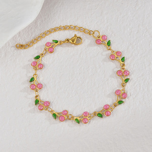 Bracelet bohème en acier inoxydable plaqué or avec zircon, chaîne à maillons, motif cerise, <span class=keywords><strong>cadeau</strong></span> pastoral pour femme, inspiré du bouddhisme - Product Image 2