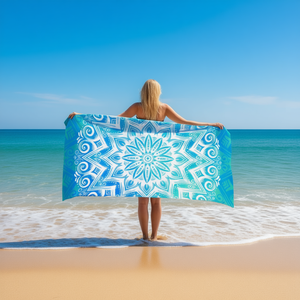 Serviette de plage HDJ 80x160cm bleu-vert mandala en polyester, rectangulaire, été, écologique, adulte, motif géométrique moderne - Product Image 2