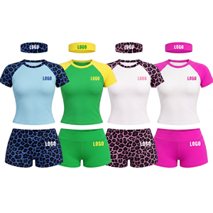 Set Yoga da Donna 2 Pezzi <span class=keywords><strong>con</strong></span> Logo Personalizzato OEM, Stampa Leopardata, Abbigliamento Sportivo Aderente <span class=keywords><strong>con</strong></span> Maniche Raglan e Fascia per Capelli - Product Image 1