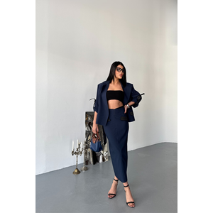 Navy Blue Crop Jacket and <b>Skirt</b> Set <b>Summer</b> Flared Two-Piece Shorts Above Knee Length XS Size Top - Product Image 4