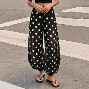 Polka Dot Breathable Chiffon Wide Leg Mid <b>Waist</b> Sheer Babushka <b>Trousers</b> <b>Elastic</b> Casual Summer Beach Wear - Product Image 4