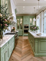 Ensemble d'armoires de cuisine en bois massif de style européen modulaire personnalisé avec finition brillante, cuisine de villa et îlot en marbre