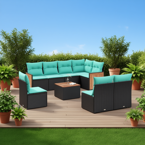Set Divano da Giardino in Polyrattan Nero 9 Pezzi con Cuscini Arredamento da Esterno Sedute per Patio - Product Image 2
