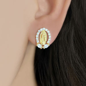 Aretes de Botón con Diseño Único, Listos para Enviar, Chapados en Oro de 18K, con Circonita Cúbica, Religiosos, de la Virgen María, para Mujer - Product Image 3