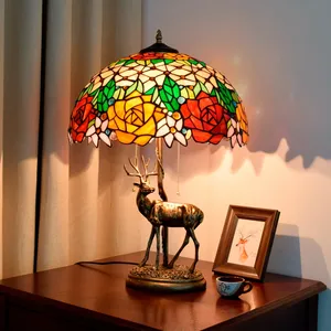 Lámpara de cristal victoriana Vintage Rose Tiffany de 16 pulgadas, Lámpara decorativa de escritorio, sala de estar, dormitorio, bar, lámpara de mesa decorativa de alce