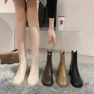 Bottes Femme New Styles Round Toe Back Zipper Casual Short Boots Fashion Mid Heel Leather Ankle Boots Women