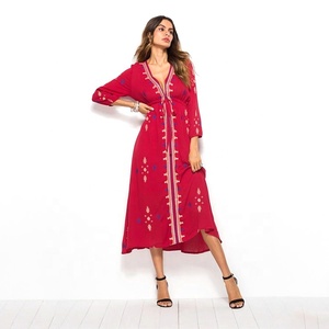 Abito da <span class=keywords><strong>donna</strong></span> rosso <span class=keywords><strong>etnico</strong></span> ricamato con scollo a V 3/4 con maniche a vita lunga Maxi abito - Product Image 4