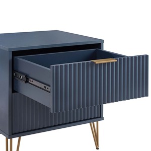 Mesita de noche en azul medianoche con patas doradas y unidad de almacenamiento con diseño acanalado - Product Image 5