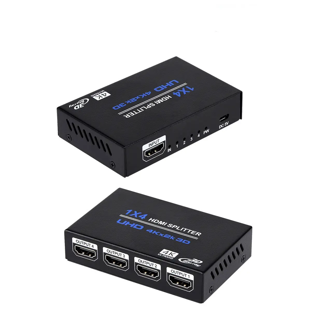 4K HDMI Splitter 1 in 4 Out Audio Video Distributor Box Support 3D Compatible for HDTV, STB, DVD, PS3, Projector