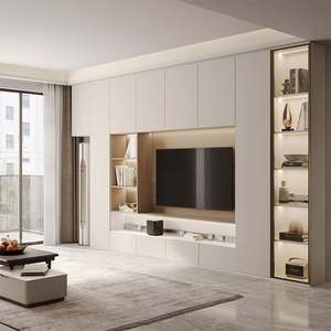 Ensemble de meuble TV mural moderne Santopova avec étagères en verre à LED et rangement intégré pour le salon - Product Image 4