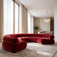 Rotes Samt-Modulsofa mit Geschwungener Form, Modernes Organisches Sektionalsofa für Villen-Wohnzimmer