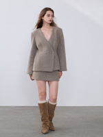Ensemble de costume d'hiver 2 pièces pour femme en cachemire pur à 100 %, vintage, écologique, cardigan à col en V et double boutonnage, mini-jupe, chaud et doux