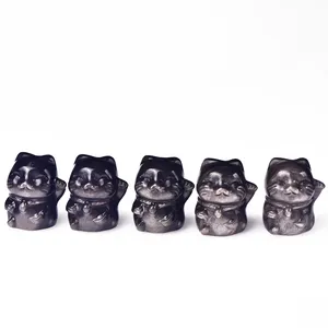 Wholesale hot sale Crystal fortune Cat High quality Silver obsidian and obsidian carving fortune cat for home decoration