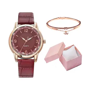 Fashion Wanita Kulit Band Analog Quartz Jam Tangan Wanita Jam Tangan Wanita Gaun Jam Tangan Set dengan Gelang JXS14