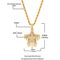 Pendentif en zircon pentagramme goutte d'eau style hip-hop pour homme