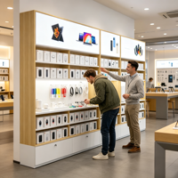 Grand présentoir mural pour accessoires de téléphone portable, cadre en bois grainé, vitrine avec éclairage LED et tiroirs de rangement verrouillables