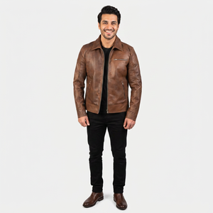 High Quality Men's <b>Winter</b> <b>Leather</b> <b>Jacket</b> OEM Design with Stand Collar Breathable Solid Color Vintage Coated Low MOQ - Product Image 1