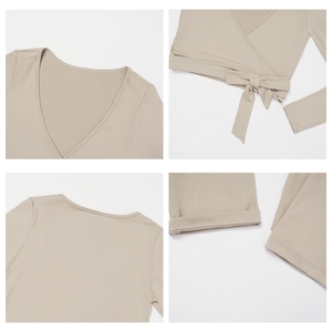 Top Femme Manches Longues Self Tie Dance V Neck Shirt Pilates <span class=keywords><strong>Yoga</strong></span> Tops Y2k Workout Active Blouses Pilates Ballet Wrap Top - Product Image 3
