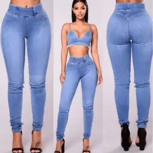 Calças jeans femininas, calças jeans de cintura alta da moda, skinny, de alta qualidade, de algodão, jeans, azul