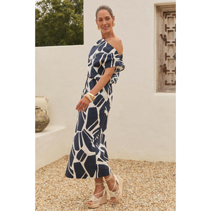 <span class=keywords><strong>Robe</strong></span> <span class=keywords><strong>midi</strong></span> asymétrique à épaules tombantes à imprimés géométriques bleu marine, col bénitier, fentes, poches, respirante, à volants, avec ceinture, en <span class=keywords><strong>lin</strong></span> - Product Image 2
