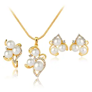 LUOXIN Set Perhiasan 3 Potong, Set Perhiasan Anting-Anting Kalung Berlian Imitasi Mutiara Imitasi untuk Wanita