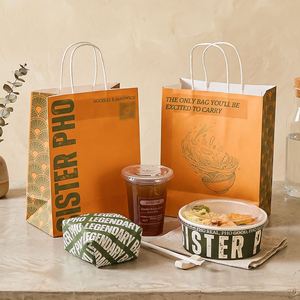 Custom Eco-Friendly Disposable Restaurant Kraft Paper Container Handles Custom Logo Biodegradable Recyclable Fast Food <b>Pasta</b> - Product Image 1