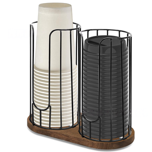 Dispensador de vasos de papel desechables de metal para encimera, organizador de estación de café, soporte para tapas, estante de almacenamiento con base de madera, venta al por mayor - Product Image 2