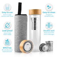 Bouteille d'eau en verre cristal 450ml, infuseur à thé et fruits en verre Borosilicate à Double paroi avec couvercle en bambou, manchon de protection