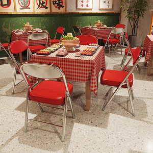 Retro Hong Kong Style Folding Chairs For Restaurant Durable Metal Frame Red Seat And Back With Checkered Tablecloth Setup - Product Image 1