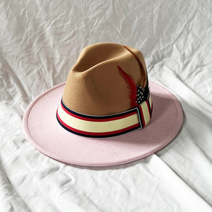 Chapeau en feutre bicolore élégant en laine de jazz rouge et blanc avec chapeau haut de forme en plumes pour hommes et femmes - Product Image 5