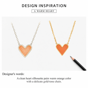 Collier avec pendentif en forme de cœur plaqué or avec incrustation de résine orange, style minimaliste, chaîne en boîte, unisexe, à porter tous les jours - Product Image 2