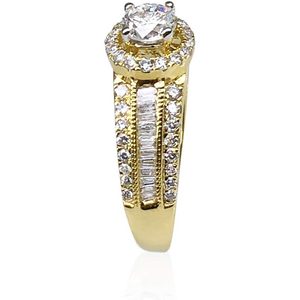 14k Yellow Gold Diamond Halo Bridal <b>Ring</b> Set Round Brilliant Baguette Cut Women's Engagement Wedding Jewelry - Product Image 3