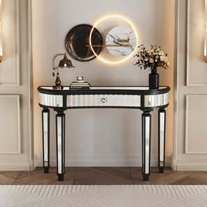 Half Moon Mirrored <b>Console</b> <b>Table</b> 47 Inch Fluted Glass Crystal Knob Drawer <b>Silver</b> Entryway Vanity Desk Bedroom Dressing - Product Image 1