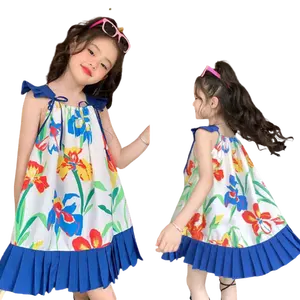 Çocuk kolsuz elbise 2023 yaz yeni askı tatil tarzı ck Ruffles dantel A-line çiçek baskı kızlar pileli etek